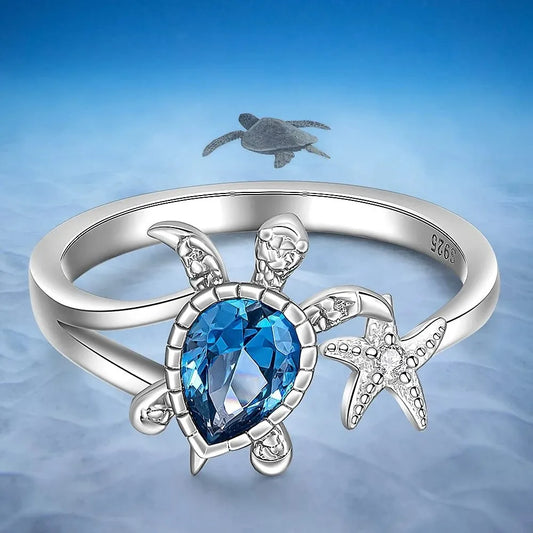 Sea Turtle Starfish Ring 925 Sterling Silver